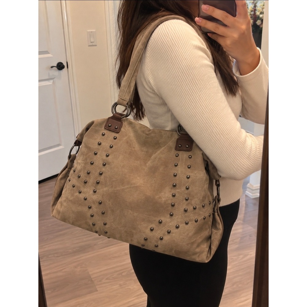 Tan Distressed Canvas Studded Shoulder Bag Western Boho Tote Khaki
